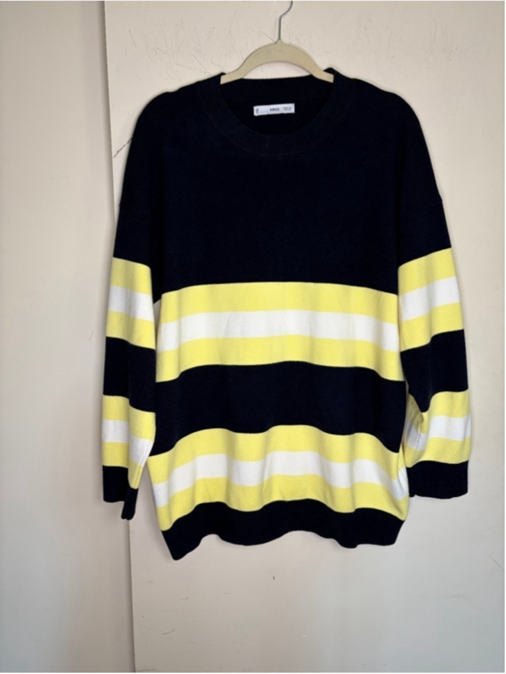 Mango Oversized Striped Knit Sweater Navy Blue Yellow White Crewneck Size 1XL